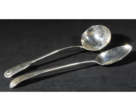 *Spoons. A George II silver basting spoon, London 1734,  engraved with a heraldic crest, 36cm long together with a George III