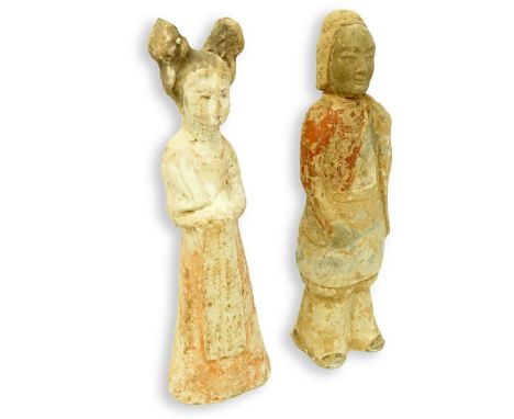 Two (2) Chinese Tang (618-906 AD) &amp; Qi (550-577 AD) Dynasty Painted Pottery Figures. Includes copy of original receipt an