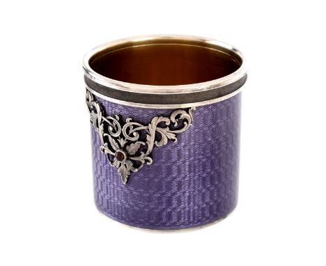 Russian Faberge 84 Silver and Guilloche Enamel Vodka Cup with Small Cabochon Ruby Accents. Signed Faberge (cyrillic), stamped