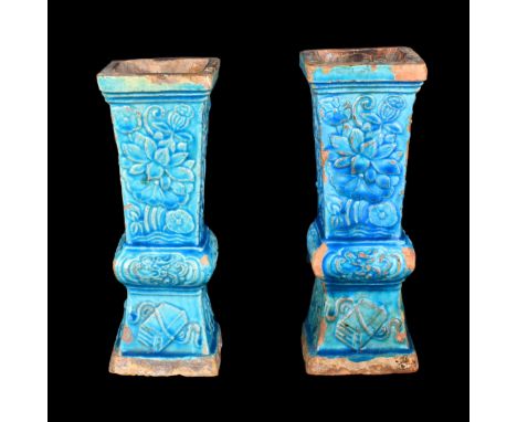 Pair of Chinese Ming Dynasty Style Turquoise Glazed Pottery Vases. Signed. Raised foliage relief and ribbon emblems. vase mea