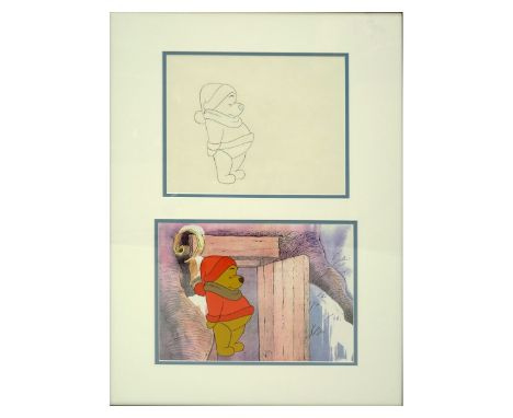 Walt Disney Studios hand painted production cel with laser background and pencil sketch "Winnie The Pooh/Blustery Pooh 1982" 