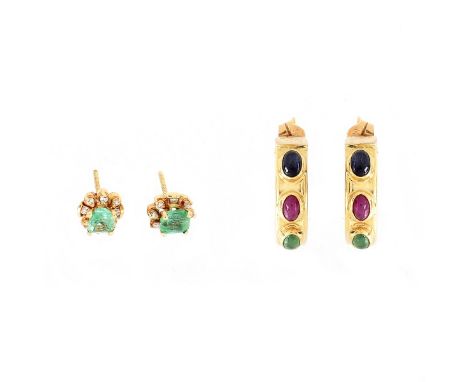 Vintage Italian 14 Karat Yellow Gold Hoop Earrings with Cabochon Emerald, Ruby and Sapphire and Vintage 14 Karat Yellow Gold,