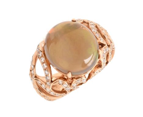 Approx. 8.48 Australian Opal, .76 Carat Diamond and 18 Karat White Gold Ring. Stamped 18K. Ring size 5-1/2. Approx. weight 7.
