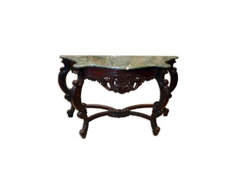 20th Century Carved Mahogany, Marble Top Console Table. Good condition. Measures 32" H x 58" W x 19-5/8" D. Condition: Good c