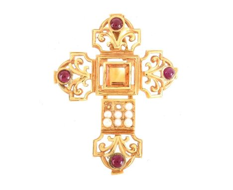 Vintage 14 Karat Yellow Gold, Square Cut Citrine, Cabochon Ruby and Seed Pearl Articulated Cross Pendant. Unsigned. Measures 