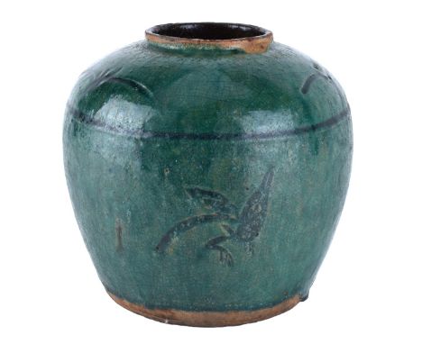 Chinese Yuan Dynasty Green Glazed Incised Pottery Jar. Old seal on bottom. Measures 8" H x 8-1/2" dia. Condition: Typical cra