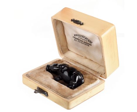 Vintage Russian Carved Obsidian Hippopotamus Figure with Cabochon Ruby Eyes, with fitted signed box. Measures 1-1/8" H, 2-1/2