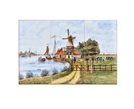 Vintage Hand Painted Delftware Porcelain Tiles as Plaque, Signed Lower Right. Depicts a Holland windmill and boat scene. Fram
