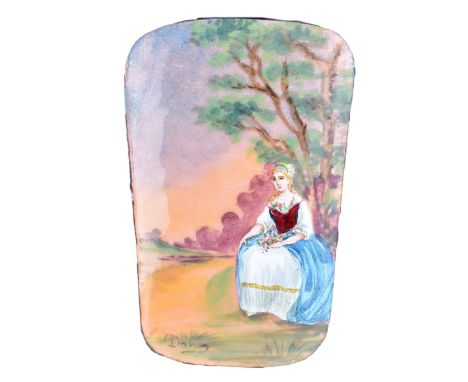 Vintage European School Enamel Miniature Portrait Mounted in Frame. Signed lower left. Sight measures 4-1/2" H x 3" W, frame 
