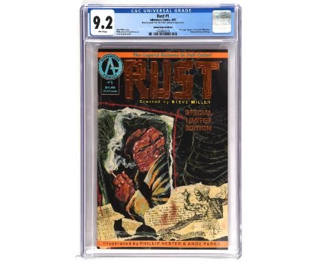 Rust No. 1 limited edition Foil cover CGC Grade 9.2 featuring early advert appearance of Spawn (Adventure Comics, 1992).Full 