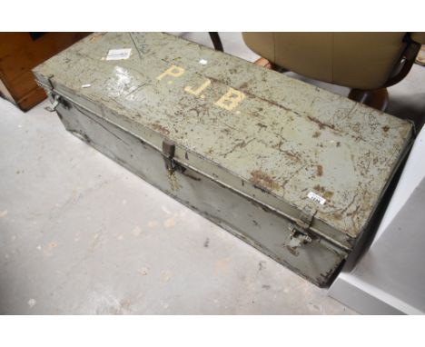 A vintage tin travel trunk, monogram PJB, width approx. 112cm