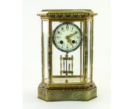 French 19th Century Samuel Marti Champleve Green Onyx Ormolu And Enamelled Four Glass Table Clock. Circa 1890, With 8 Day Str