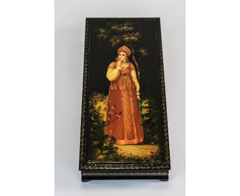 Russian Early 20th Century Signed and Lacquered Rectangular Shaped Glove Box, with Red Lacquered Interior and Image of a Youn