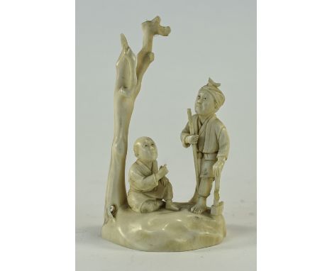 Japanese - Signed Late 19th Century Carved Ivory Group Figure, Two Figures by a Withered Tree, One Figure with an Axe and Sta