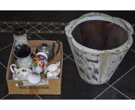 Box of Assorted Collectables including ceramics, metalware etc. Together with a painted metal planter.