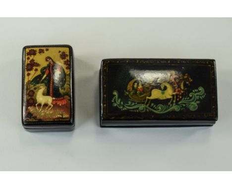 A Russian Vintage Hand Painted And Lidded Lacquered Box, With Painted Scenes To Cover In The Paleich School, Titled 'Fairytal