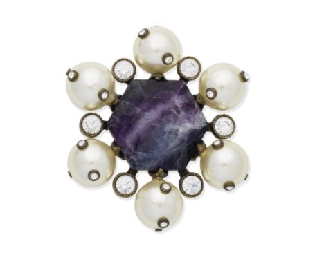 CHANEL: AN UNUSUAL PURPLE FLUORITE AND SIMULATED PEARL PIN BROOCHAutumn 1997Faux pearls and rhinestones surrounding a hexagon