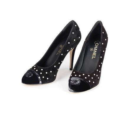 CHANEL: A PAIR OF PEARL EMBELLISHED BLACK SUEDE HEELSBlack suede uppers with simulated pearl details, patent leather CC toe c