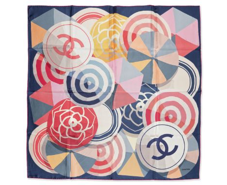 CHANEL: A MULTICOLOUR CAMELLIA PRINT SILK SCARFSpring 2019Camellia and CC logo in geometric shades of blue, pink and yellowCo