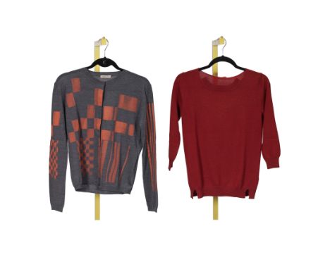 BOTTEGA VENETA: A FINE KNITTED JUMPER AND CARDIGANThe cardigan in grey wool with orange print, hidden popper fastenings and r