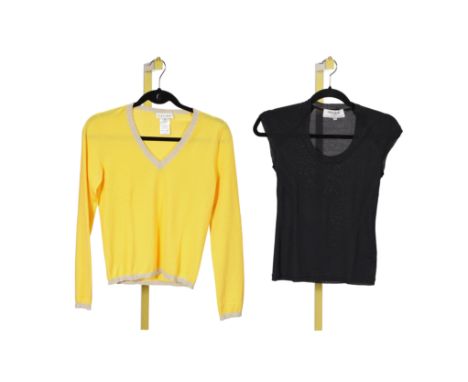 CELINE AND YVES SAINT LAURENT: A KNITTED YELLOW TOP AND A BLACK VEST TOPThe jumper in cashmere blend with cream trim to V-nec