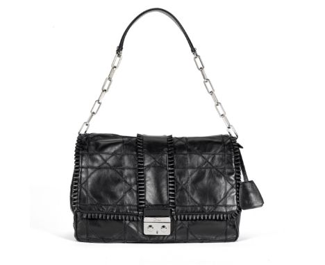 CHRISTIAN DIOR: A BLACK LAMBSKIN LARGE RUFFLE NEW LOCK SHOULDER BAGCannage quilted leather with ruffled leather trim and silv