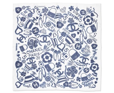 CHANEL: A WHITE AND BLUE EMBLEMS SILK SCARFSpring 2019White ground with blue Chanel emblems design including handbags, CC and