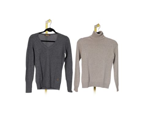 LORO PIANA: TWO GREY BABY CASHMERE KNITTED JUMPERSThe first in light grey with roll-neck, the second in dark grey with V-neck