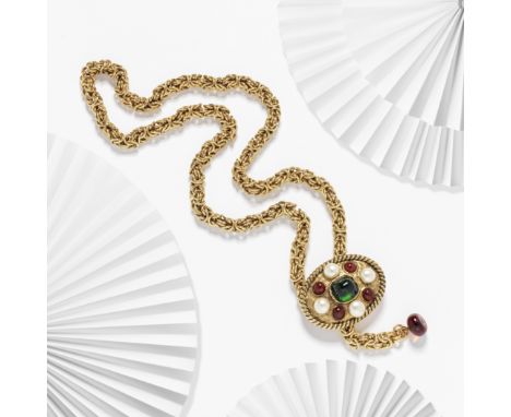 CHANEL: A BYZANTINE GRIPOIX AND SIMULATED PEARL CHAIN BELT1970sRed and green gripoix beads and simulated pearl on oval pendan