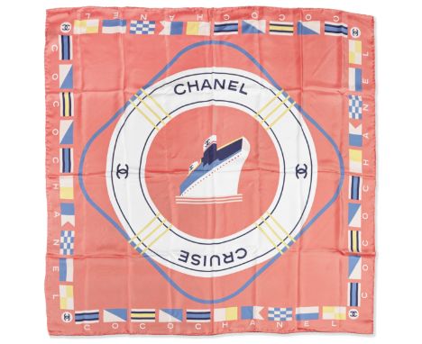 CHANEL: A PEACH CRUISE LINER SILK SCARFCruise 2019Peach ground with cruise liner motif and flag borders  Condition Grade A 90