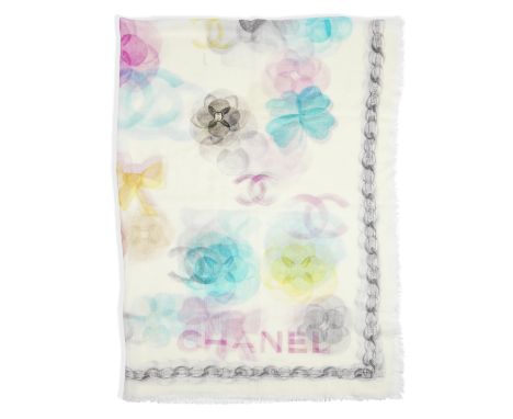 CHANEL: A LARGE PASTEL CASHMERE SCARF2020Pastel CC and camellia designs against cream ground, charcoal chain link border arou