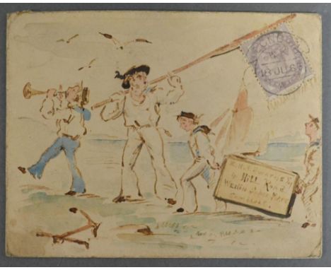 George Henry Edwards, 1883 - 1911, England, A Hand Painted Envelope in Watercolour depicting Sailors on a Shoreline carrying 