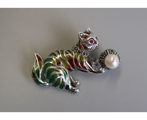 Silver &amp; champleve enamel cat brooch with ruby eyes 