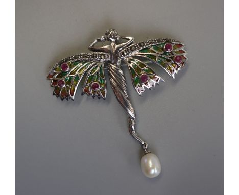 Silver champleve enamel &amp; ruby set fairy brooch 