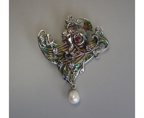 Silver champleve enamel &amp; stone set Art Nouveau style pendant / brooch 