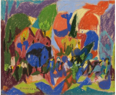 Adolf Hoelzel, Ohne Titel (Bergdorf mit Figurengruppe)Pastell auf hellbraunem Velourspapier, auf Unterkarton montiert. 25,2 x