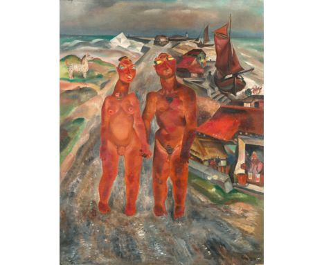 Georges Creten, Le Débarquement à CythèreÖl auf Leinwand. 115 x 90 cm. Gerahmt. Unten rechts schwarz signiert und datiert 'Cr