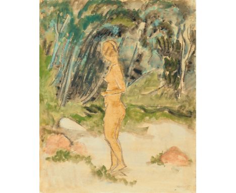 Erich Heckel, Frau vor BäumenAquarell und schwarze Kreide auf Bütten. 47,7 x 39 cm. Unten rechts signiert und datiert 'Heckel