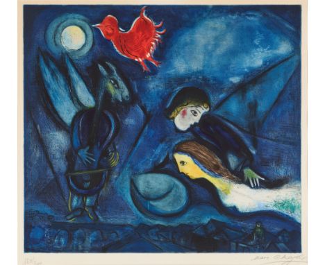 Nach Marc Chagall, AlekoFarbradierung auf Velin. 47 x 52,4 cm (Sichtmaß 50,2 x 54,8 cm). Unter Glas gerahmt. Signiert und num