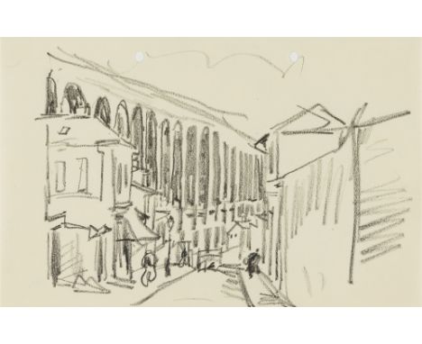 Lyonel Feininger, Straße und Viadukt in Meudon bei ParisKreidezeichnung auf gelochtem, dünnem Papier. 13,9 x 21,7 cm. Unbezei