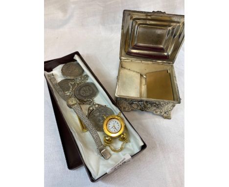 BOX WITH VARIOUS ELIZABETH II CROWNS ON PENDANT &amp; WHITE METAL LADIES ROTARY BRACELET WATCH &amp; WHITE METAL TRINKET BOX