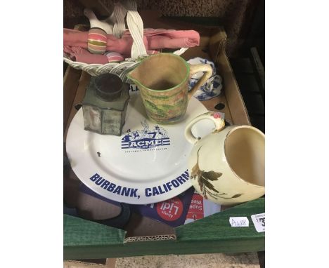 CARTON WITH BLUE PLATE SPECIAL BURBANK CALIFORNIA PLATE, JUGS, METAL TEA CADDY, NAPKIN RINGS WITH NAPKINS &amp; CHINA BASKET 