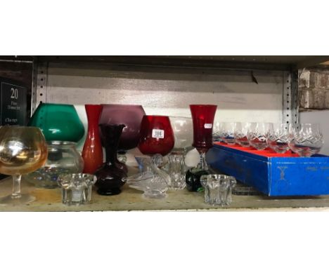 SHELF OF COLOURED GLASSWARE