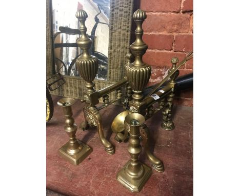 2 BRASS CANDLES STICKS, BRASS LADLE &amp; 2 LARGE BRASS FIRE DOGS