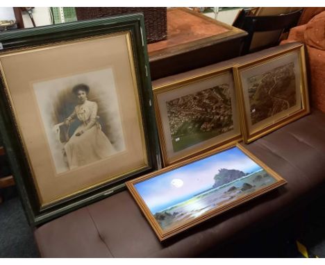 LARGE FRAMED PORTRAIT OF AN EDWARDIAN LADY &amp; 3 OTHER PICTURES