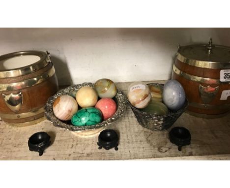 SHELF OF ONYX EGGS, 2 BISCUIT BARRELS  ETC