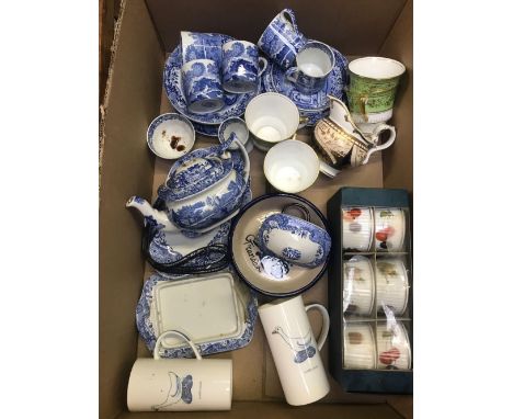 CARTON WITH COPELAND SPODE ITALIAN COFFEE CUPS, SPODE TEA POT &amp; OTHER MIXED CHINAWARE