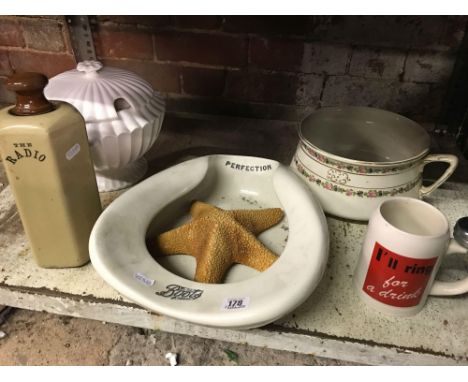 SHELF WITH A BOOTS BED PAN WITH A STARFISH, CHAMBER POT, SOUP TUREEN, STONEWARE HOT WATER BOTTLE WITH HAIR LINE CRACK &amp; D