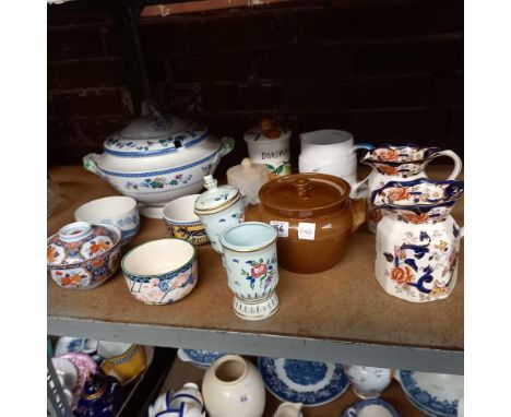 SHELF WITH 2 MASONS JUGS, SOUP TUREEN, VARIOUS BOWLS &amp; CHINAWARE