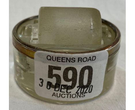 SIL RIMMED GLASS POSTAGE STAMP WETTER ROLLER 2'' DIA WITH LONDON HALL MARKS - SMALL DING TO SIL RIM 
